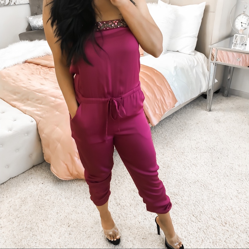 Bebe fushia satin jeweled jumpsuit with pocket